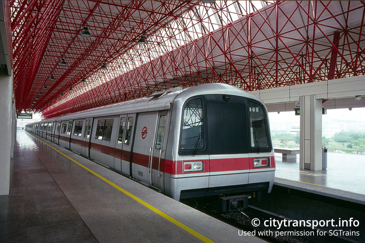 The 1st-gen C151 train at Jurong East station in 1991